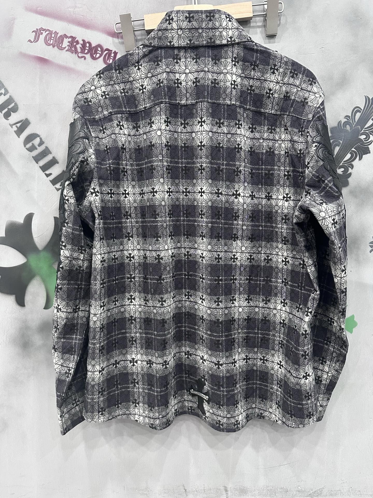 クロムハーツ Plaid レザーパッチ シャツ ブラック グレー 詳細画像 1