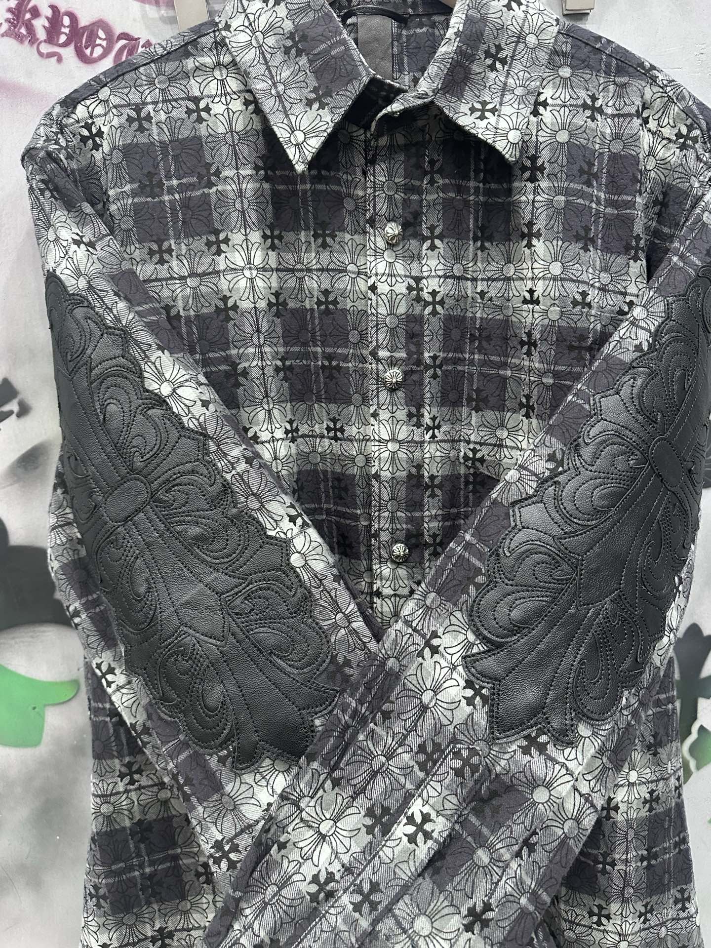 クロムハーツ Plaid レザーパッチ シャツ ブラック グレー 詳細画像 2