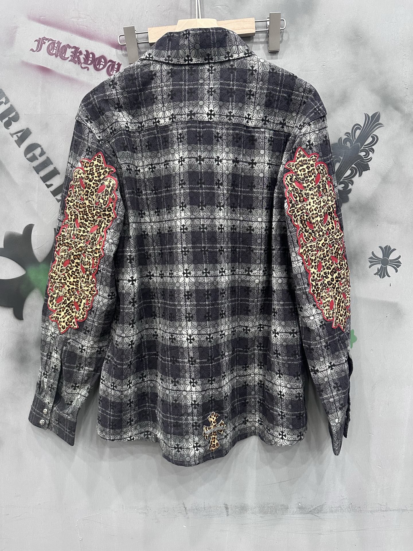 クロムハーツ Plaid Leather Patchwork レザーパッチ シャツ ブラック 詳細画像 1