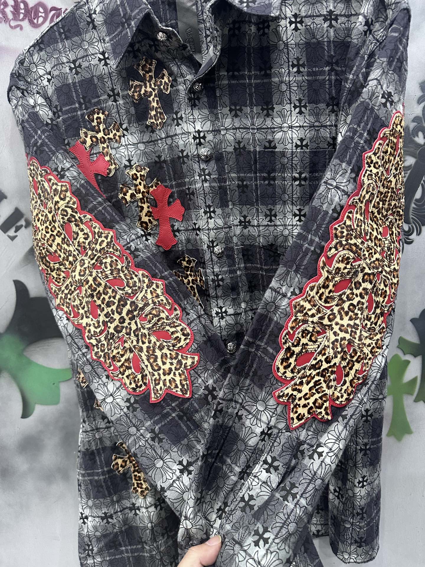 クロムハーツ Plaid Leather Patchwork レザーパッチ シャツ ブラック 詳細画像 2