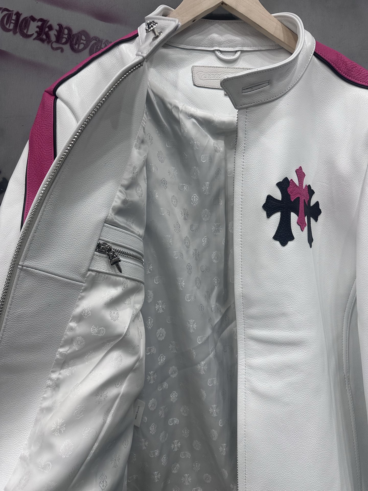 クロムハーツ Zip レザー モトジャケット ホワイト ピンクストライプ 画像 6
