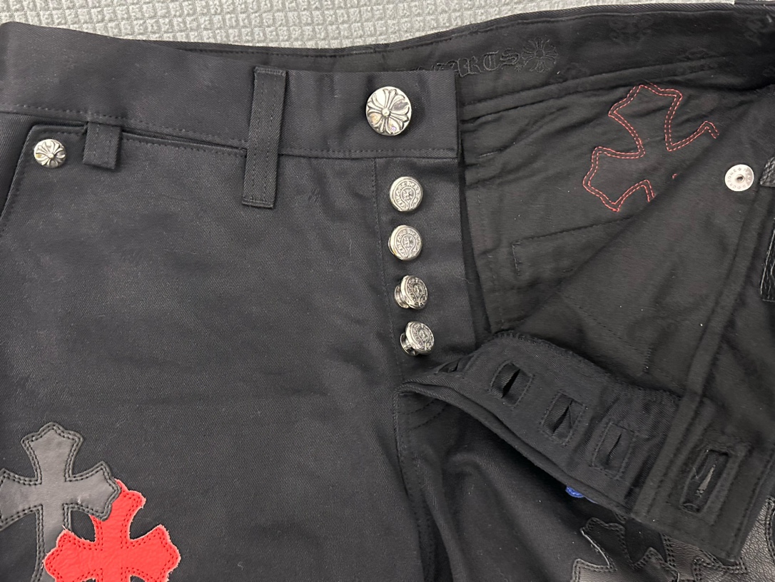 クロムハーツ ストレート レザーパッチワーク Leather ジーンズ ブラック 詳細画像 3