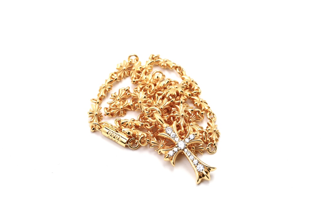 クロムハーツ クロス ネックレス 22K ゴールドプレーテッド ブラックストーン 詳細画像 1
