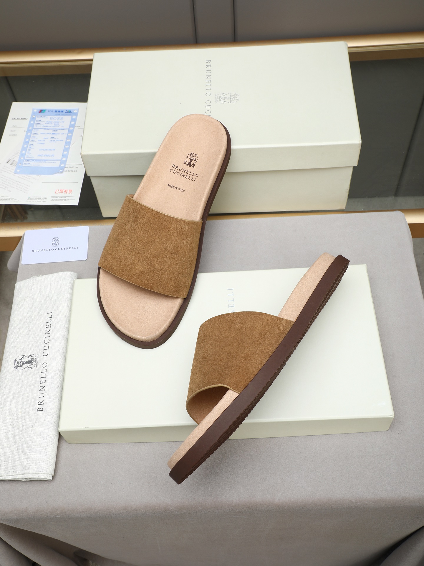 ブルネロ クチネリ スエード クロス スライドサンダル タン 画像 6
