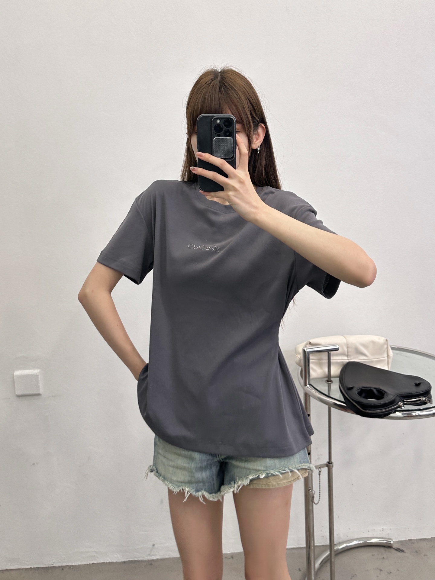 アクネ ストゥディオズ ラインストーンロゴ ウエストシェイプ Tシャツ グレー 画像 8