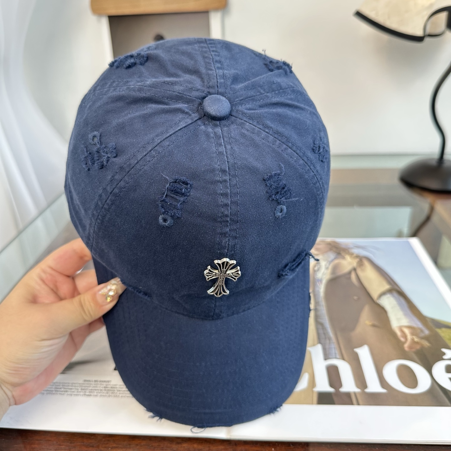クロムハーツ クロス 刺繍 ベースボールキャップ ブルー ライトグレー トーン 484860 画像 4