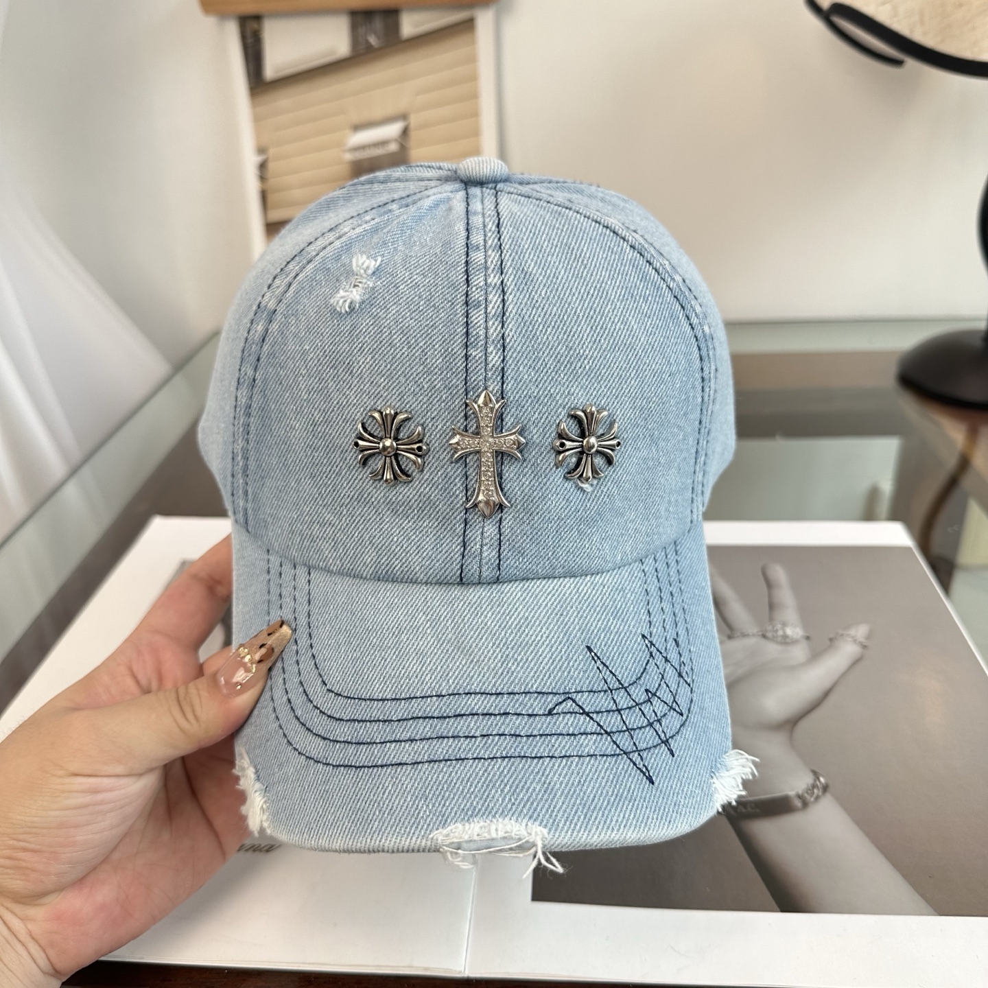 クロムハーツ クロス 刺繍 ベースボールキャップ ミント グリーン トーン A8C0C0 詳細画像 3