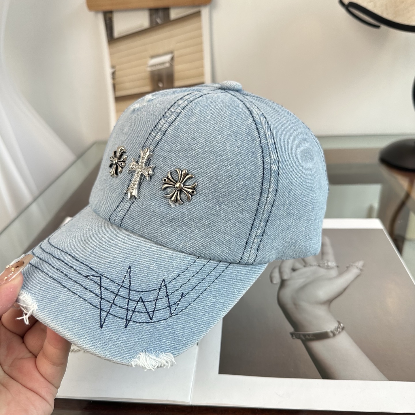 クロムハーツ クロス 刺繍 ベースボールキャップ ミント グリーン トーン A8C0C0 画像 6