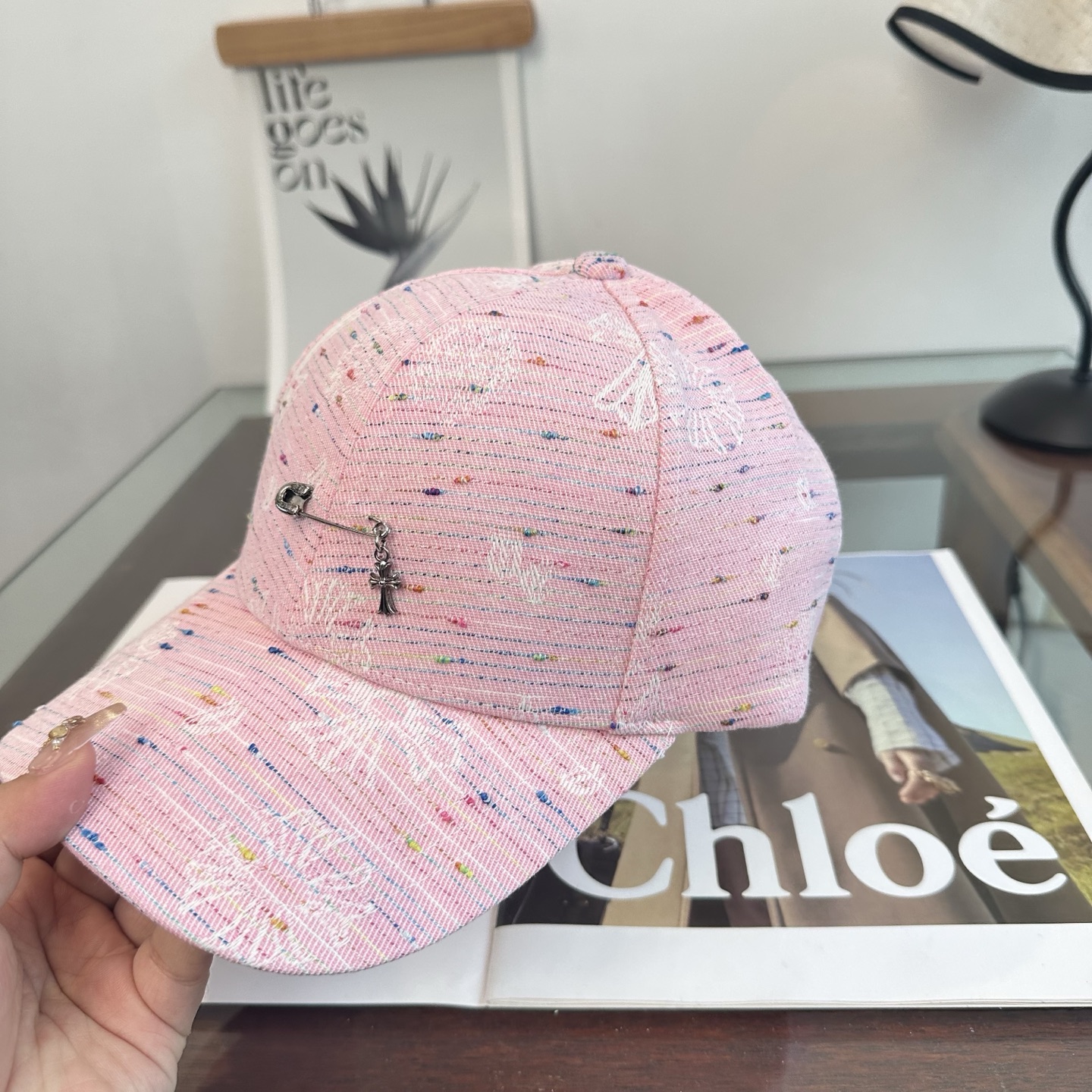 クロムハーツ クロス 刺繍 ベースボールキャップ ライトグレー ピンク トーン C0C0C0 画像 6