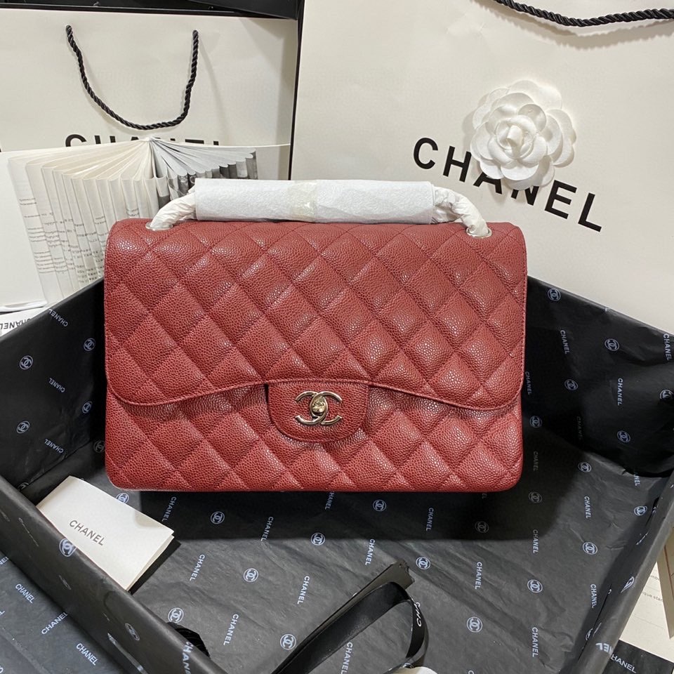シャネル ラージ クラシックフラップ キャビア バッグ ワインレッド シルバー A58600 詳細画像 3