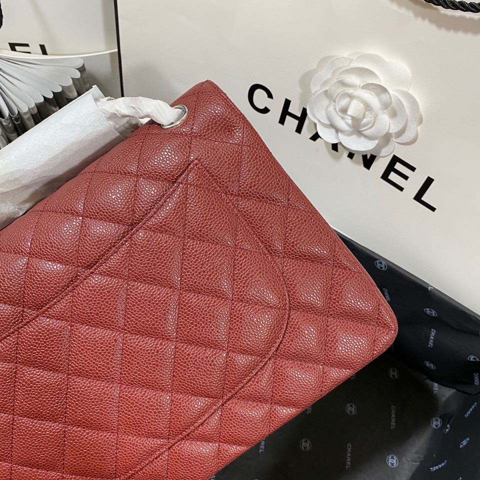 シャネル ラージ クラシックフラップ キャビア バッグ ワインレッド シルバー A58600 画像 6