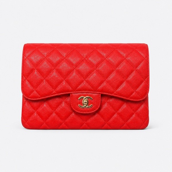 シャネル ラージ クラシックフラップ キャビア バッグ ブライトレッド シルバー A58600