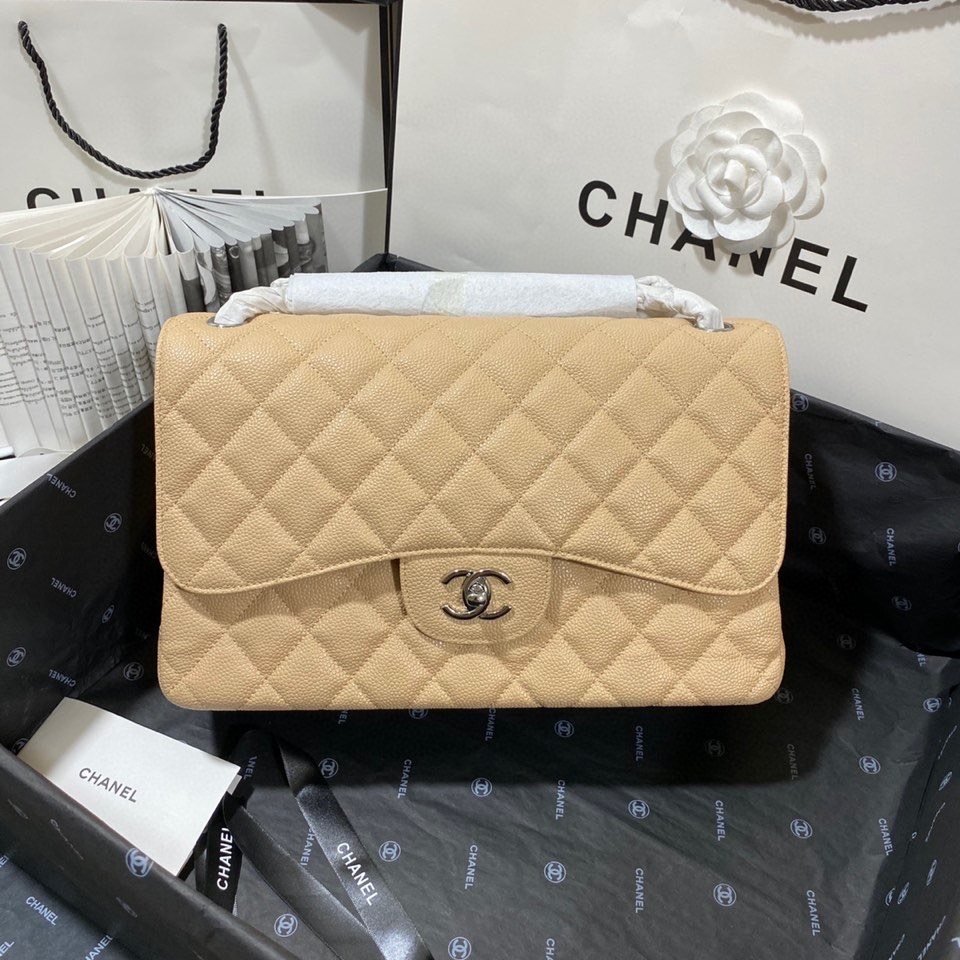 シャネル ラージ クラシックフラップ キャビア バッグ ベージュ シルバー A58600 詳細画像 3