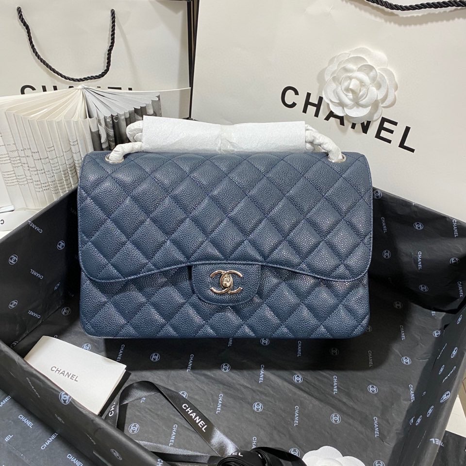 シャネル ラージ クラシックフラップ キャビア バッグ スレートブルー シルバー A58600 詳細画像 3