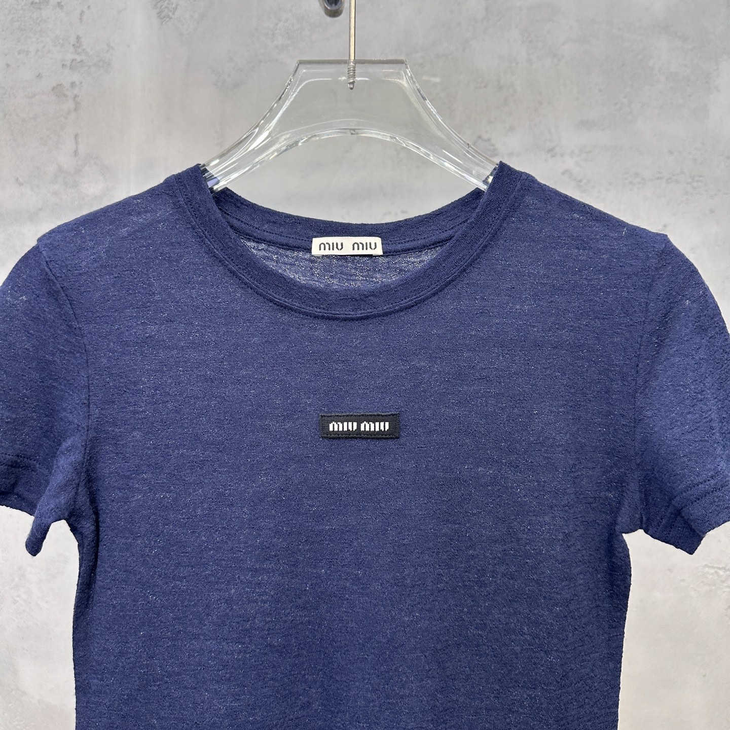 ミュウミュウ 刺繍ロゴ ウール 半袖Tシャツ ネイビー 詳細画像 2