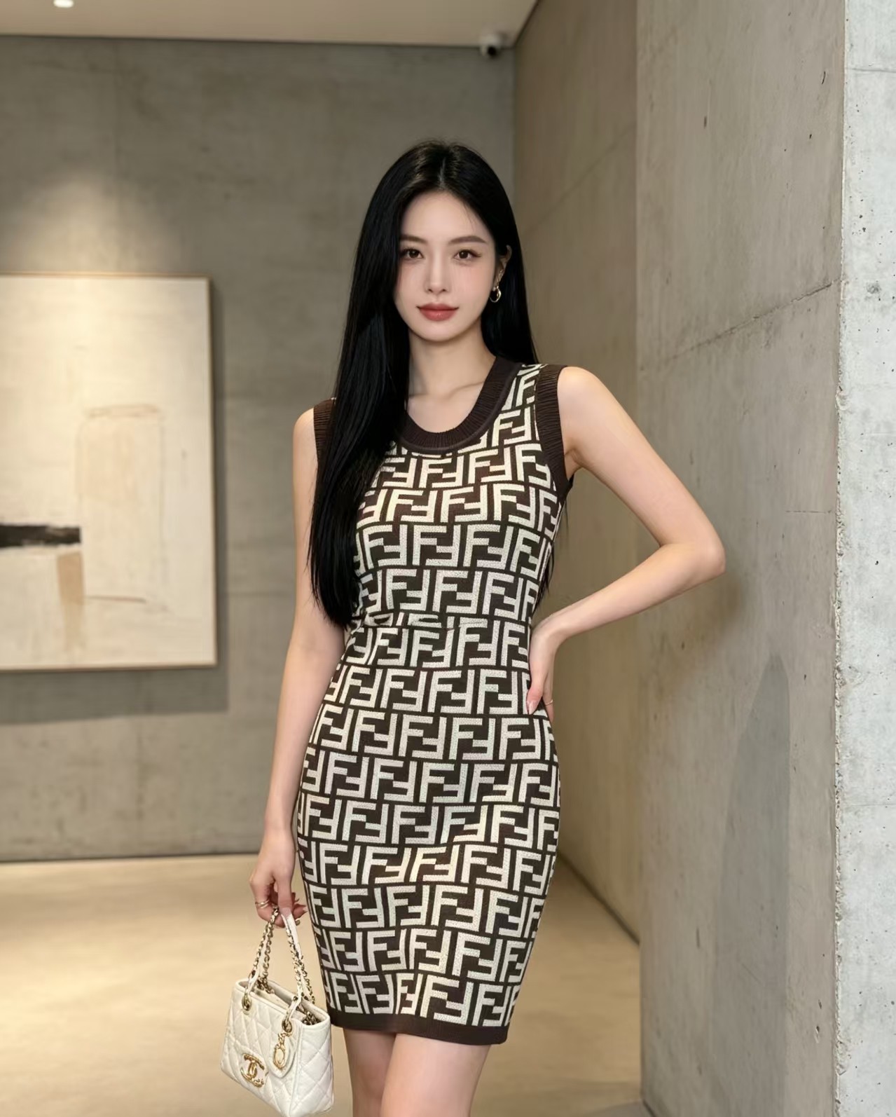 フェンディ FFジャカード ニットタンクドレス ブラウン ブルートリム 画像 9