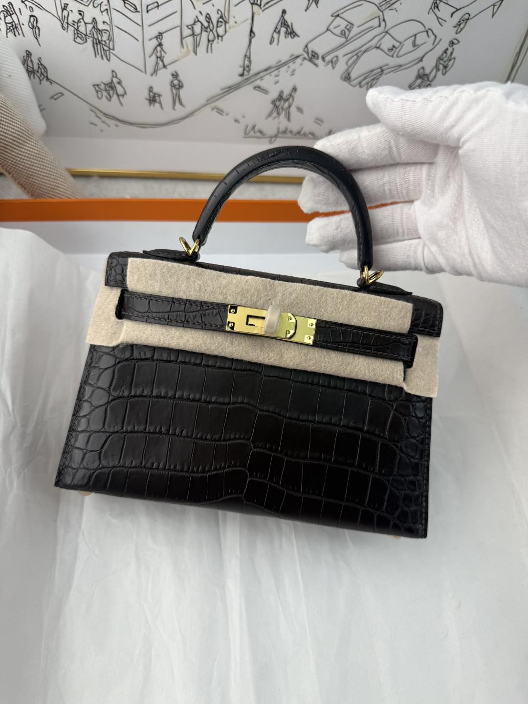 エルメス Mini Kelly II クロコダイル 19cm ブラック ゴールド金具 コントラストフェルト 詳細画像 2
