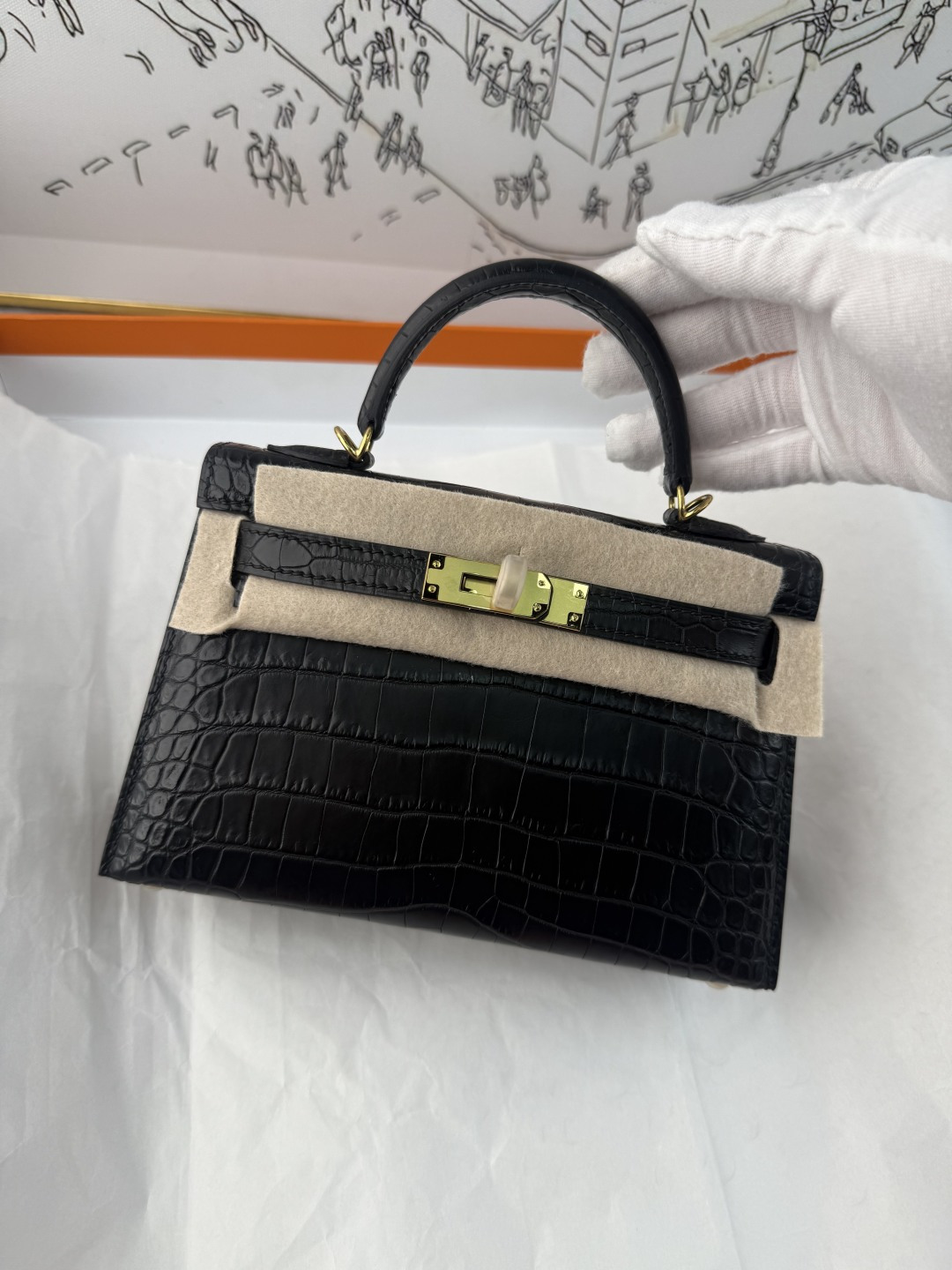 エルメス Mini Kelly II クロコダイル 19cm ブラック ゴールド金具 コントラストフェルト 画像 5