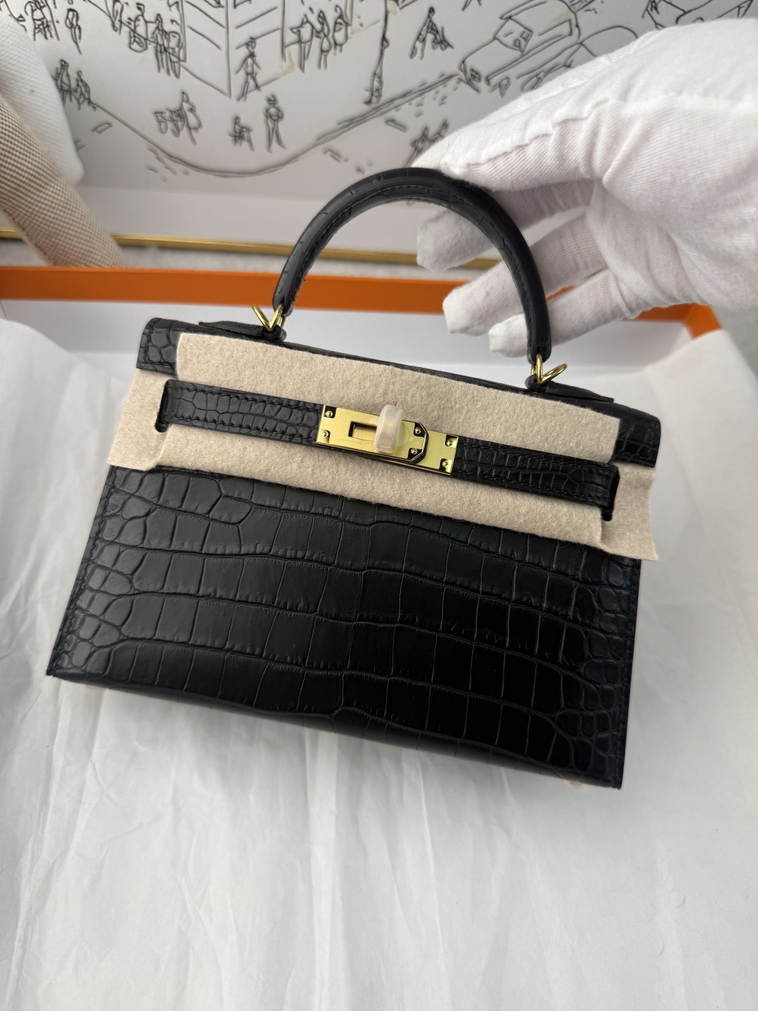 エルメス Mini Kelly II クロコダイル 19cm ブラック ゴールド金具 ラージスケール 詳細画像 1
