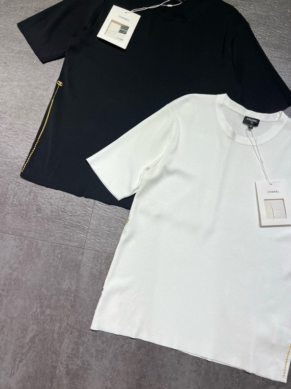 シャネル 26A 金糸刺繍ヘムロゴ 半袖Tシャツ ブラック ホワイト 画像 5