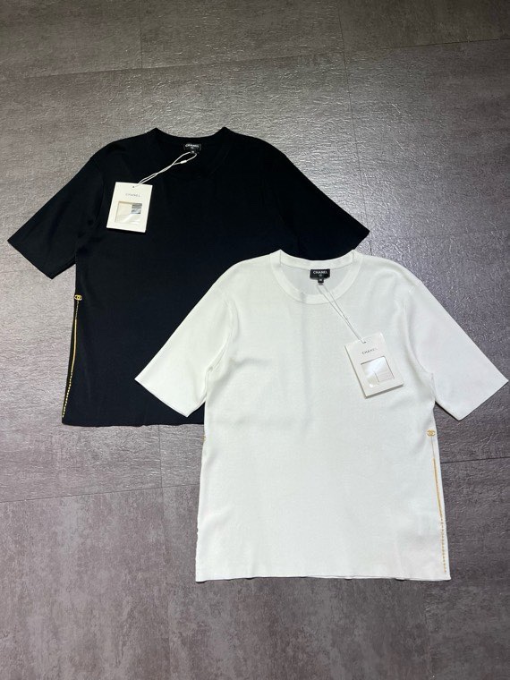 シャネル 26A 金糸刺繍ヘムロゴ 半袖Tシャツ ブラック ホワイト 画像 6